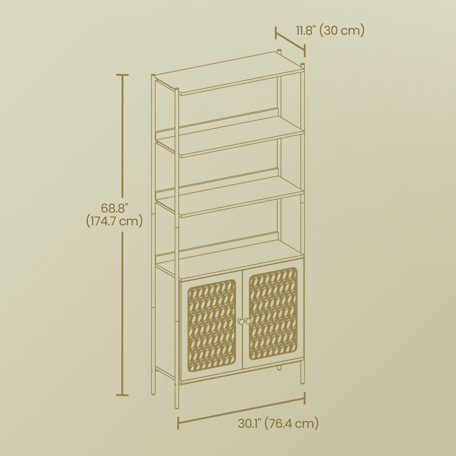 6-Tier Bookshelf – Metal Frame – Oak Beige and Pearl White – Adjustable Shelves with Rattan-Like Doors