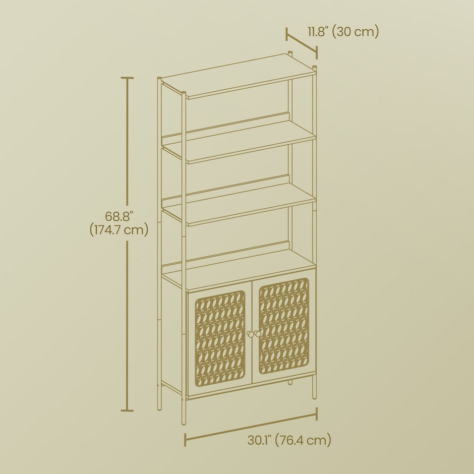 6-Tier Bookshelf – Metal Frame – Oak Beige and Pearl White – Adjustable Shelves with Rattan-Like Doors