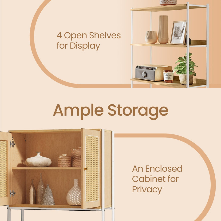 6-Tier Bookshelf – Metal Frame – Oak Beige and Pearl White – Adjustable Shelves with Rattan-Like Doors