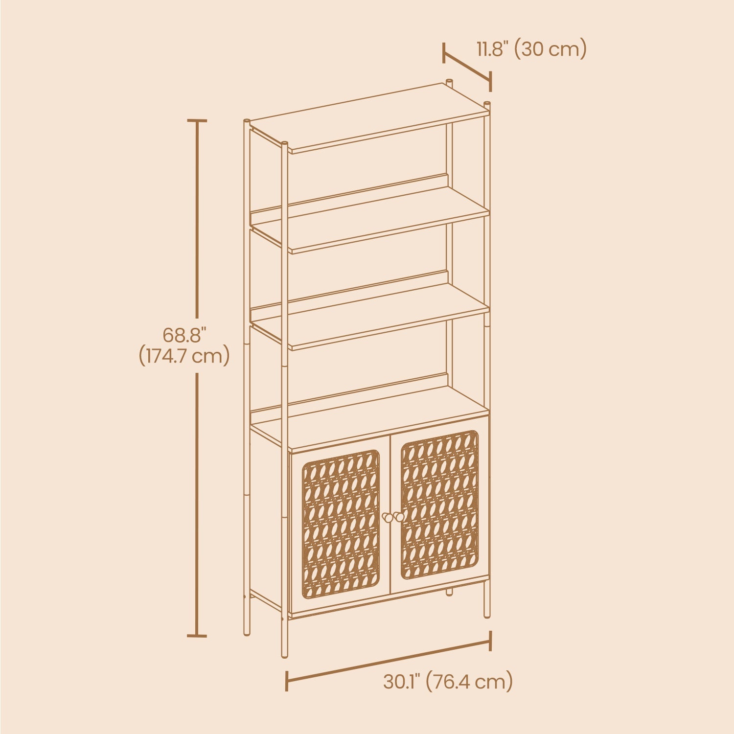 6-Tier Bookshelf – Metal Frame – Oak Beige and Pearl White – Adjustable Shelves with Rattan-Like Doors