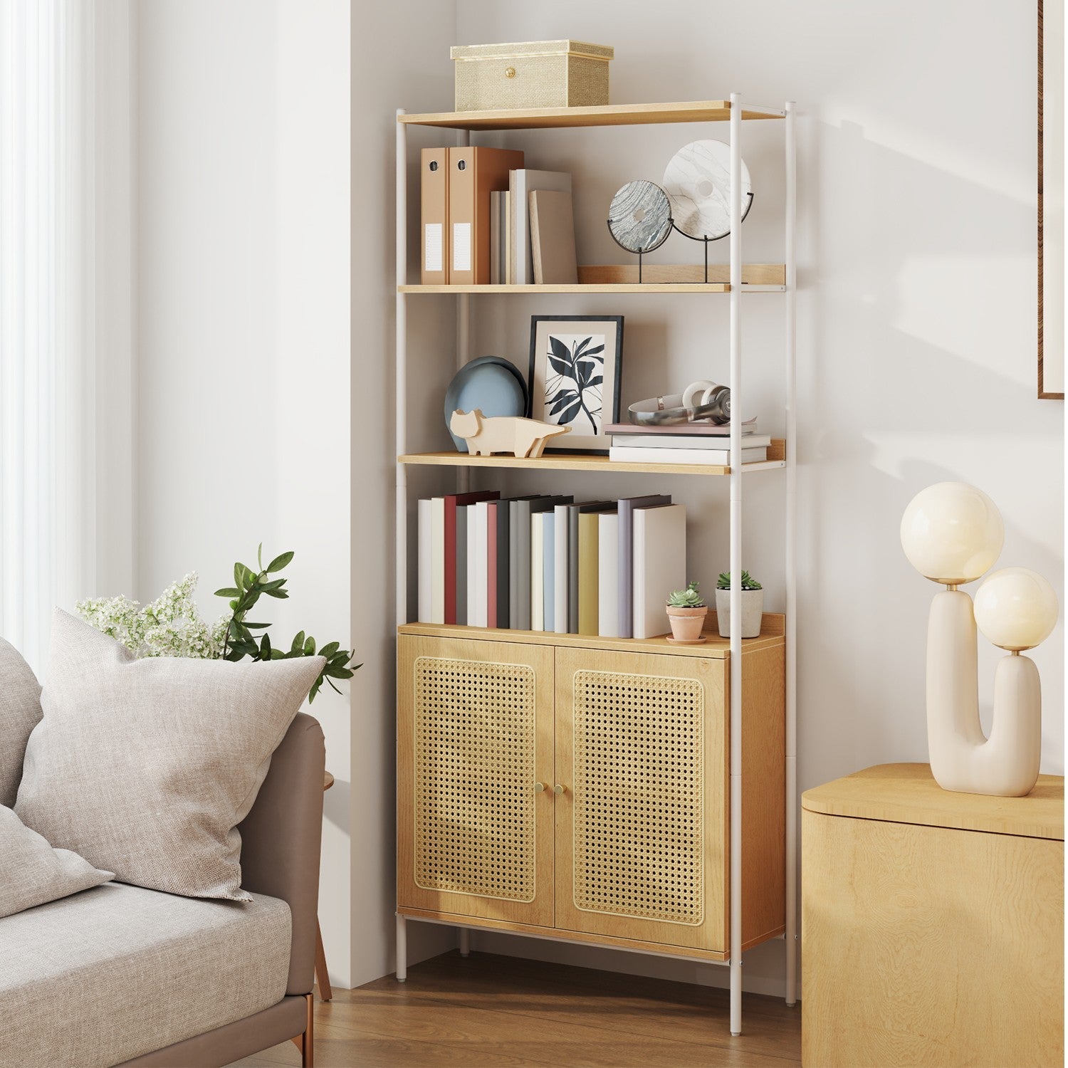 6-Tier Bookshelf – Metal Frame – Oak Beige and Pearl White – Adjustable Shelves with Rattan-Like Doors