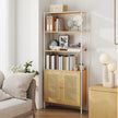 6-Tier Bookshelf – Metal Frame – Oak Beige and Pearl White – Adjustable Shelves with Rattan-Like Doors