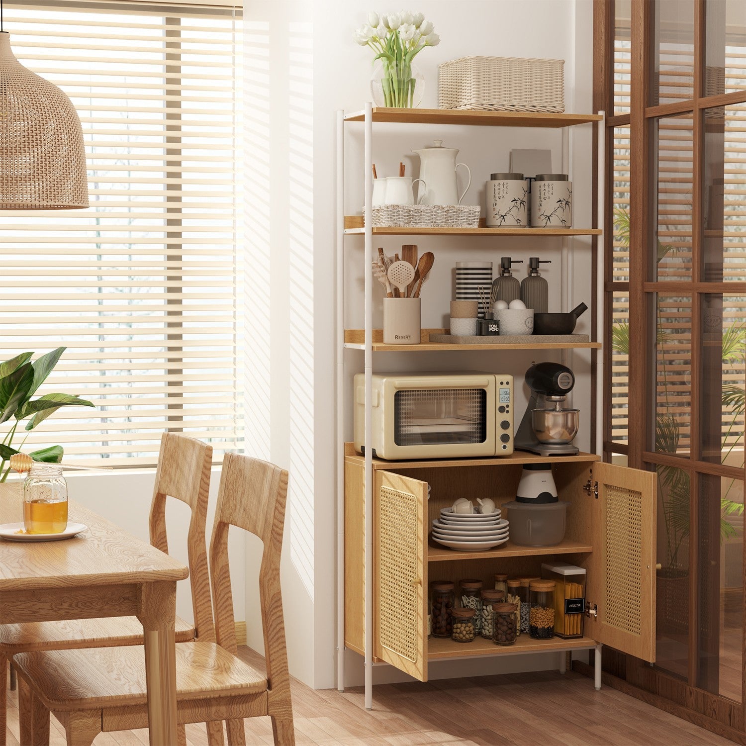 6-Tier Bookshelf – Metal Frame – Oak Beige and Pearl White – Adjustable Shelves with Rattan-Like Doors