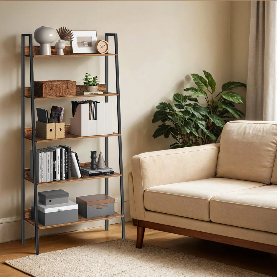 5-Tier Ladder Shelf – Metal – Rustic Brown and Black – Freestanding Bookshelf for Home Office and Living Space