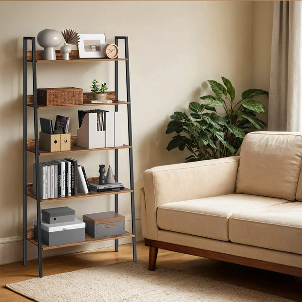 5-Tier Ladder Shelf – Metal – Rustic Brown and Black – Freestanding Bookshelf for Home Office and Living Space
