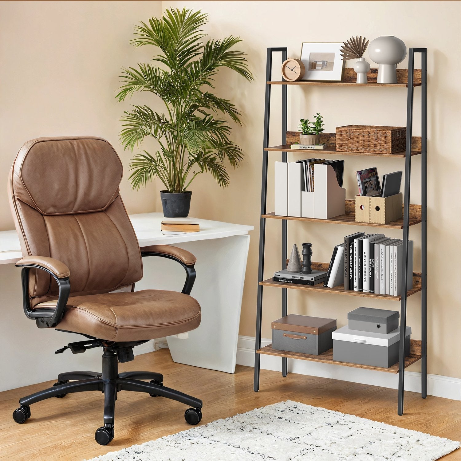 5-Tier Ladder Shelf – Metal – Rustic Brown and Black – Freestanding Bookshelf for Home Office and Living Space