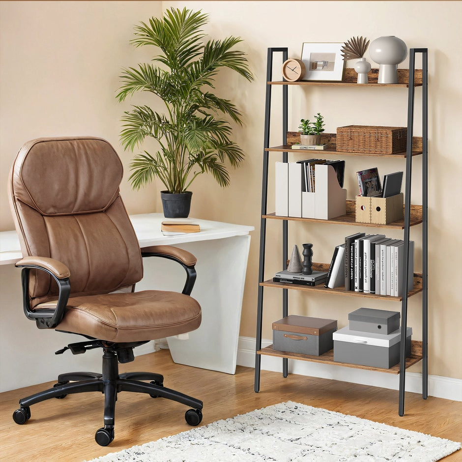 5-Tier Ladder Shelf – Metal – Rustic Brown and Black – Freestanding Bookshelf for Home Office and Living Space