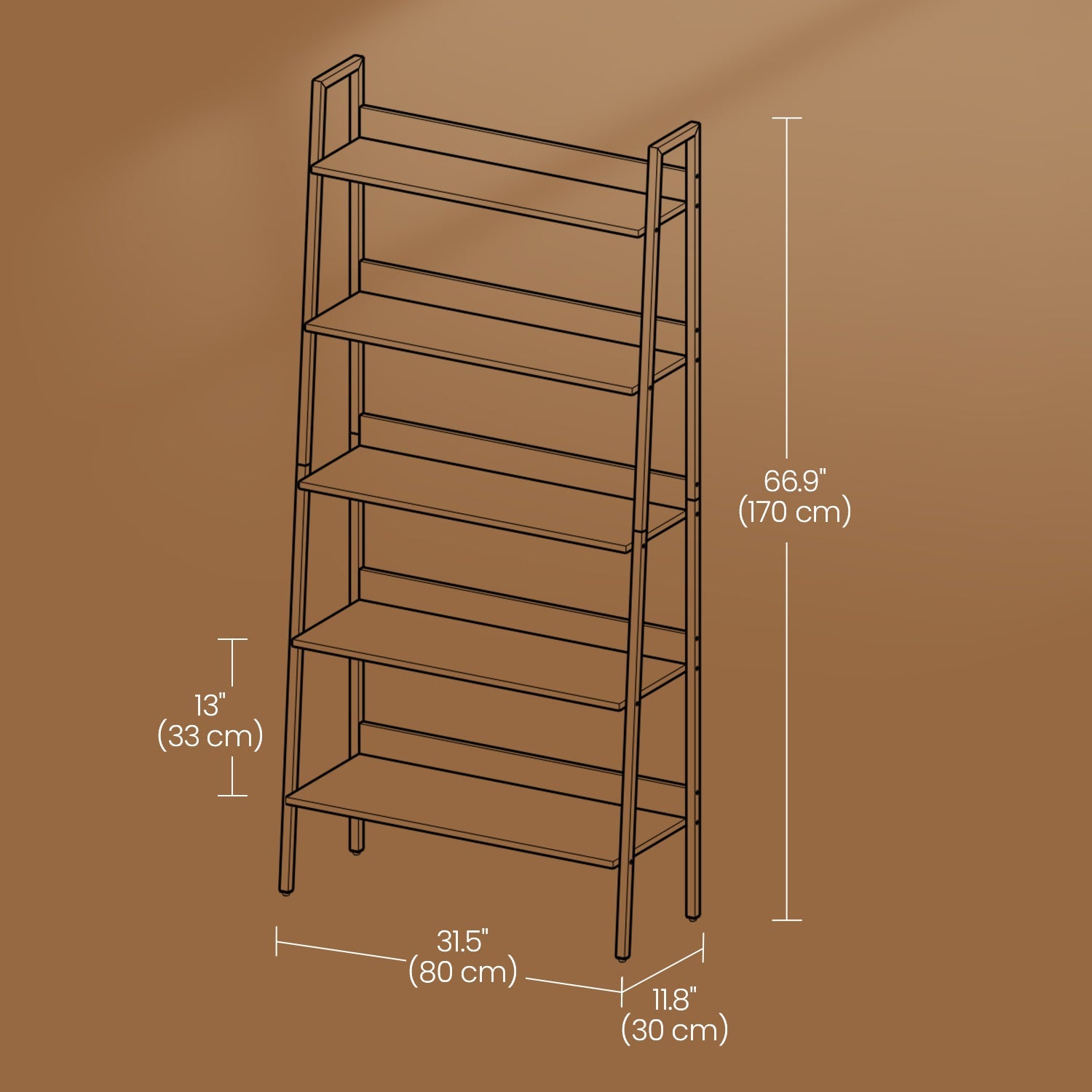 5-Tier Ladder Shelf – Metal – Rustic Brown and Black – Freestanding Bookshelf for Home Office and Living Space
