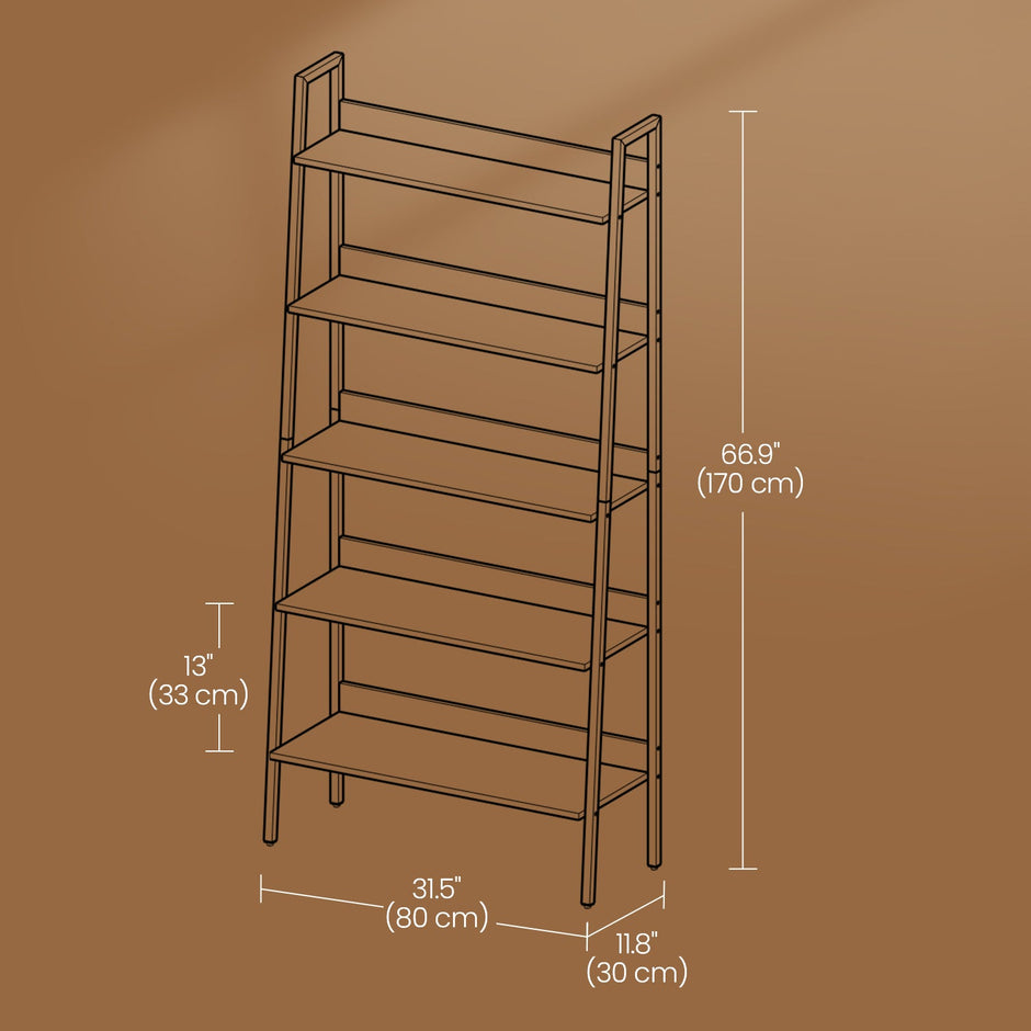 5-Tier Ladder Shelf – Metal – Rustic Brown and Black – Freestanding Bookshelf for Home Office and Living Space