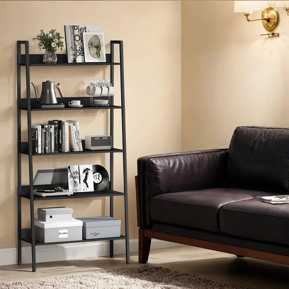 5-Tier Ladder Shelf – Metal – Rustic Brown and Black – Freestanding Bookshelf for Home Office and Living Space