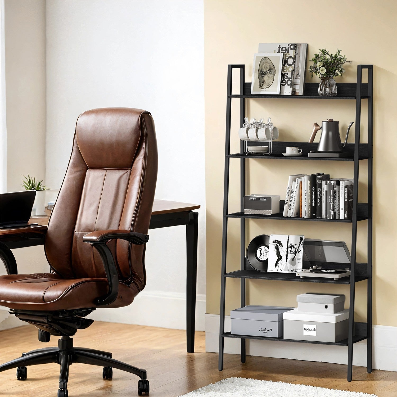 5-Tier Ladder Shelf – Metal – Rustic Brown and Black – Freestanding Bookshelf for Home Office and Living Space