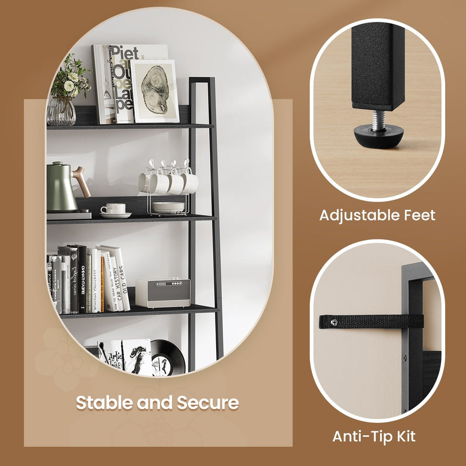 5-Tier Ladder Shelf – Metal – Rustic Brown and Black – Freestanding Bookshelf for Home Office and Living Space