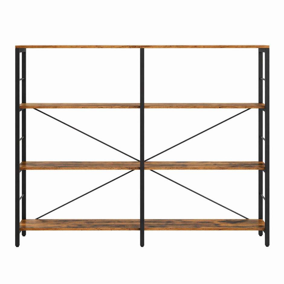 Tall Storage Rack – Wood and Metal – Rustic Brown and Black – 4-Tier Industrial Style Bookcase