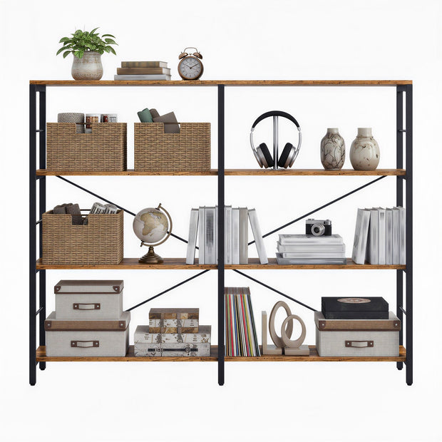 Tall Storage Rack – Wood and Metal – Rustic Brown and Black – 4-Tier Industrial Style Bookcase