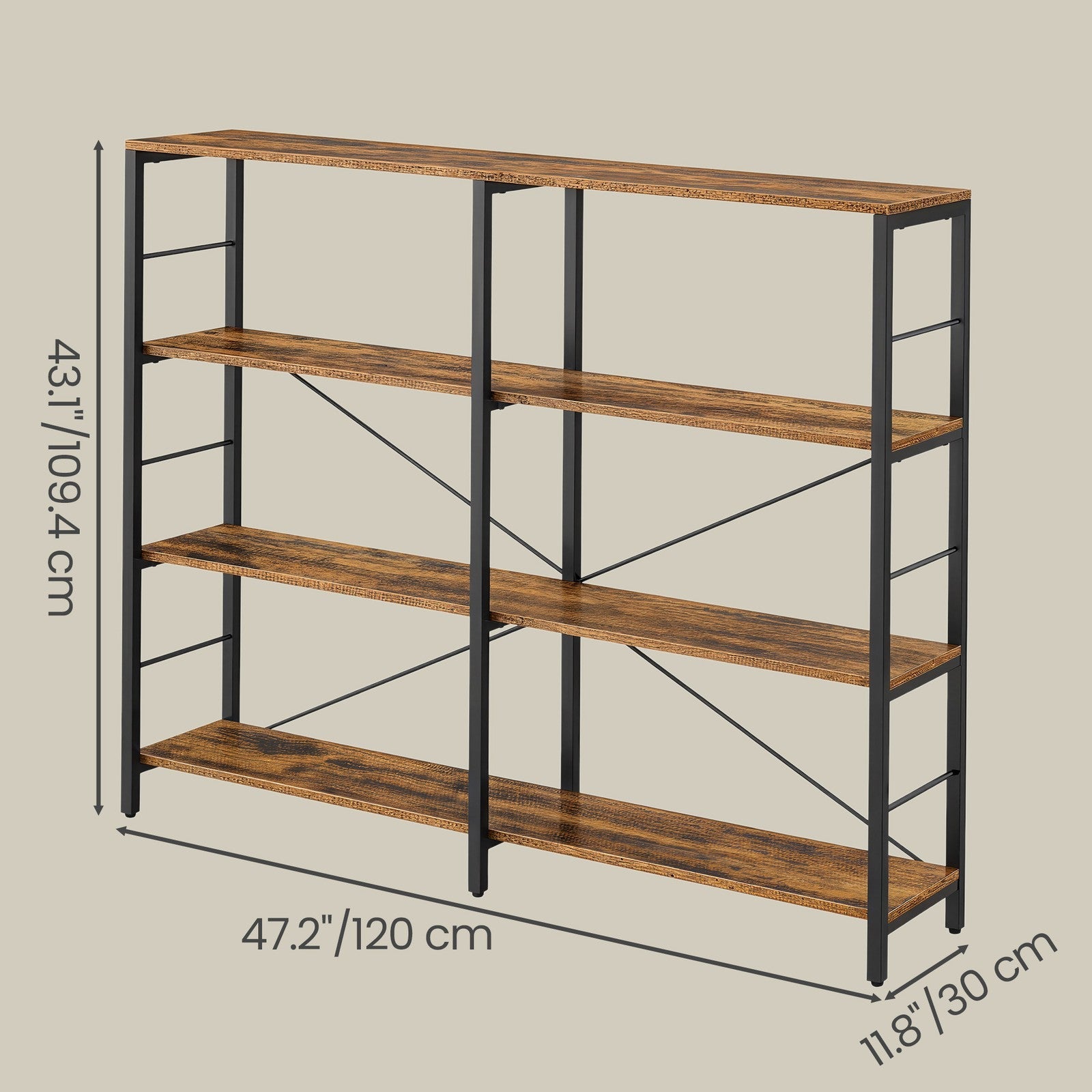 Tall Storage Rack – Wood and Metal – Rustic Brown and Black – 4-Tier Industrial Style Bookcase