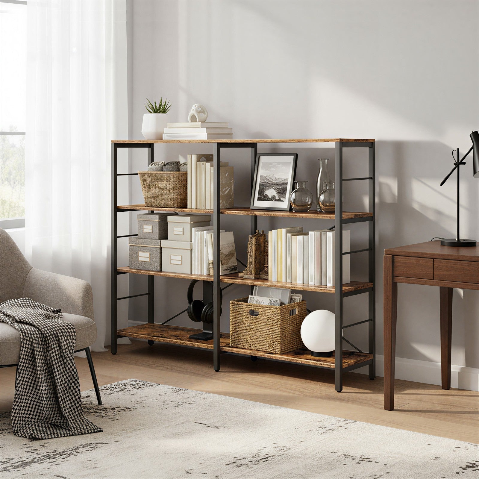 Tall Storage Rack – Wood and Metal – Rustic Brown and Black – 4-Tier Industrial Style Bookcase