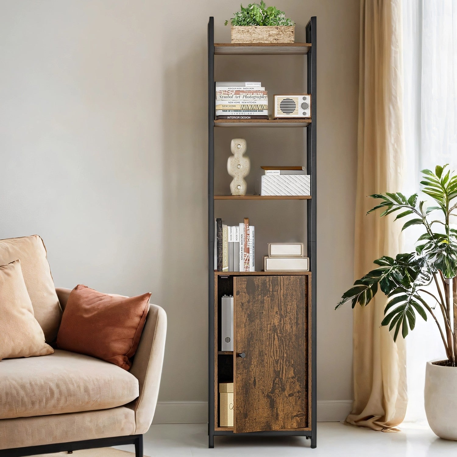 6-Tier Shelving Unit – Metal – Brown and Black – Adjustable Shelves with Cabinet