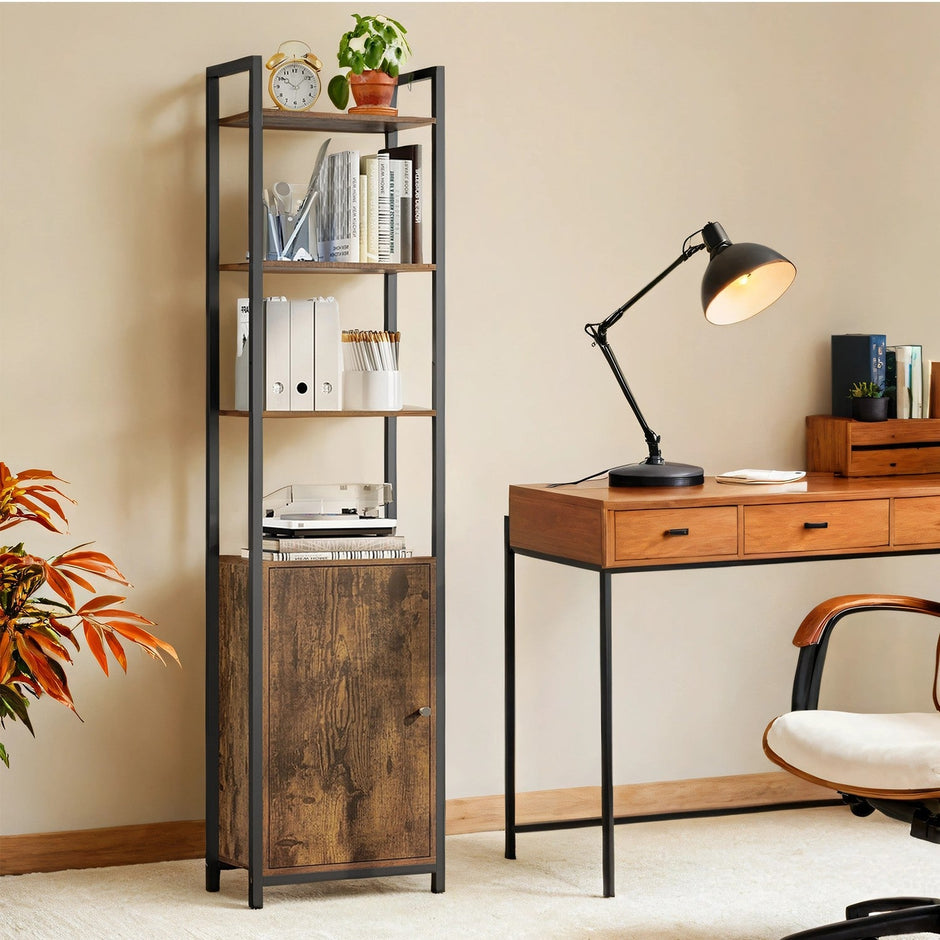 6-Tier Shelving Unit – Metal – Brown and Black – Adjustable Shelves with Cabinet