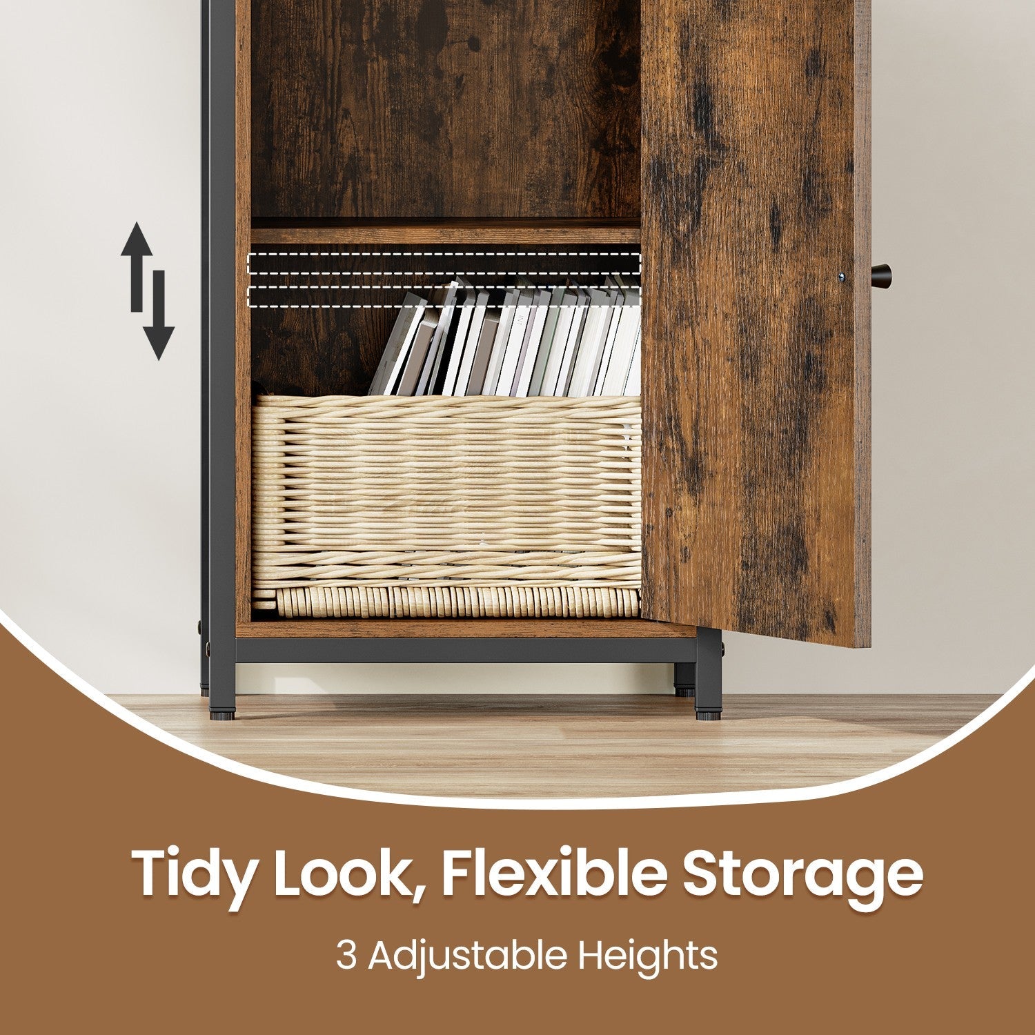 6-Tier Shelving Unit – Metal – Brown and Black – Adjustable Shelves with Cabinet