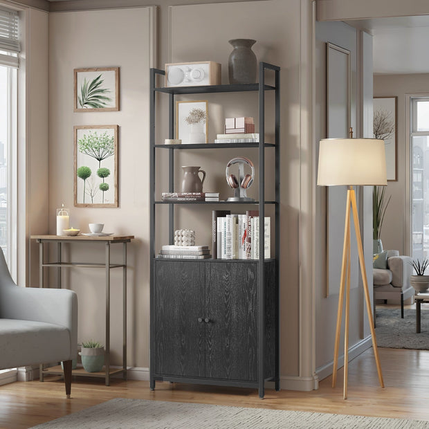 Tall Bookshelf – Metal – Ebony Black and Ink Black – 6-Tier Design with Door and Adjustable Shelves