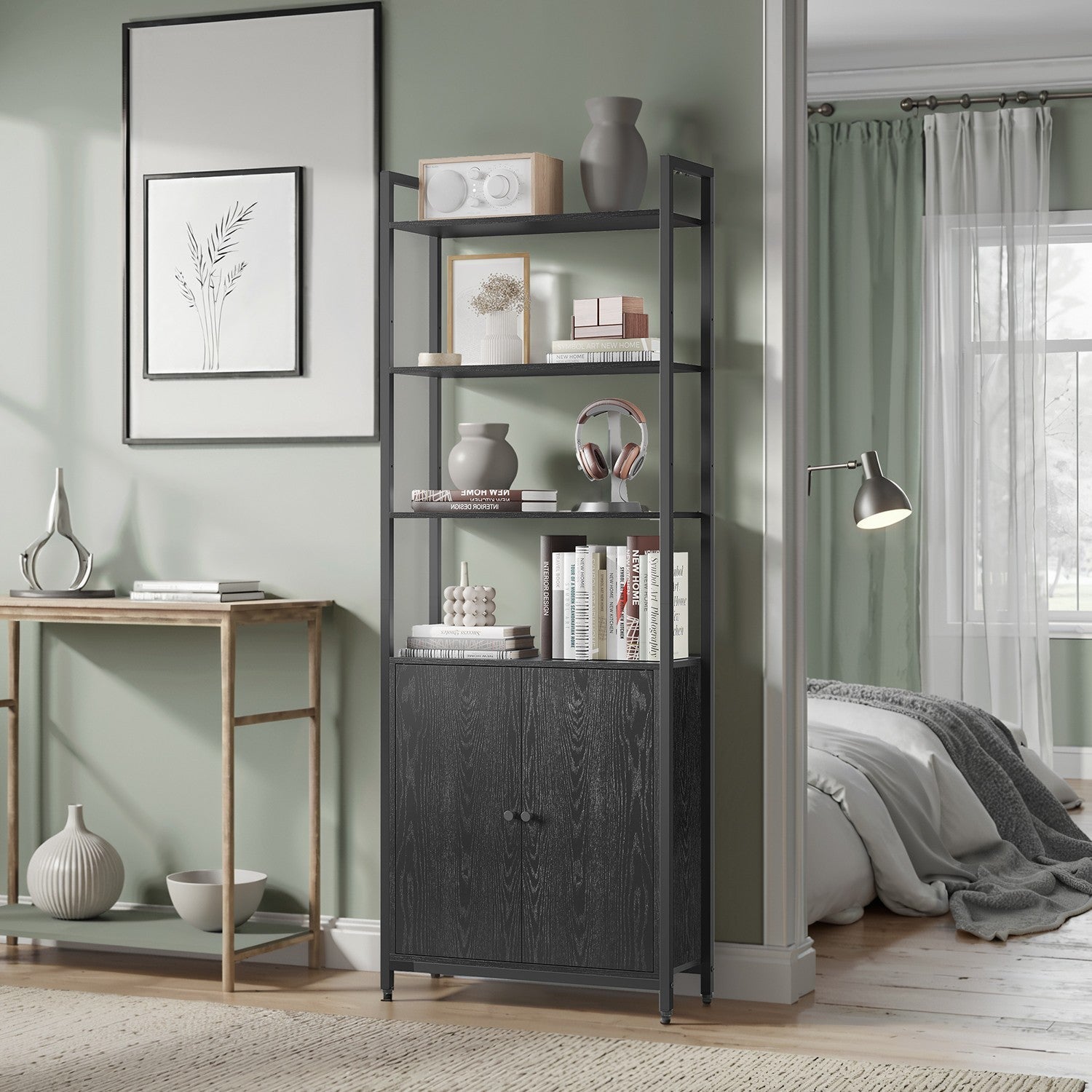 Tall Bookshelf – Metal – Ebony Black and Ink Black – 6-Tier Design with Door and Adjustable Shelves