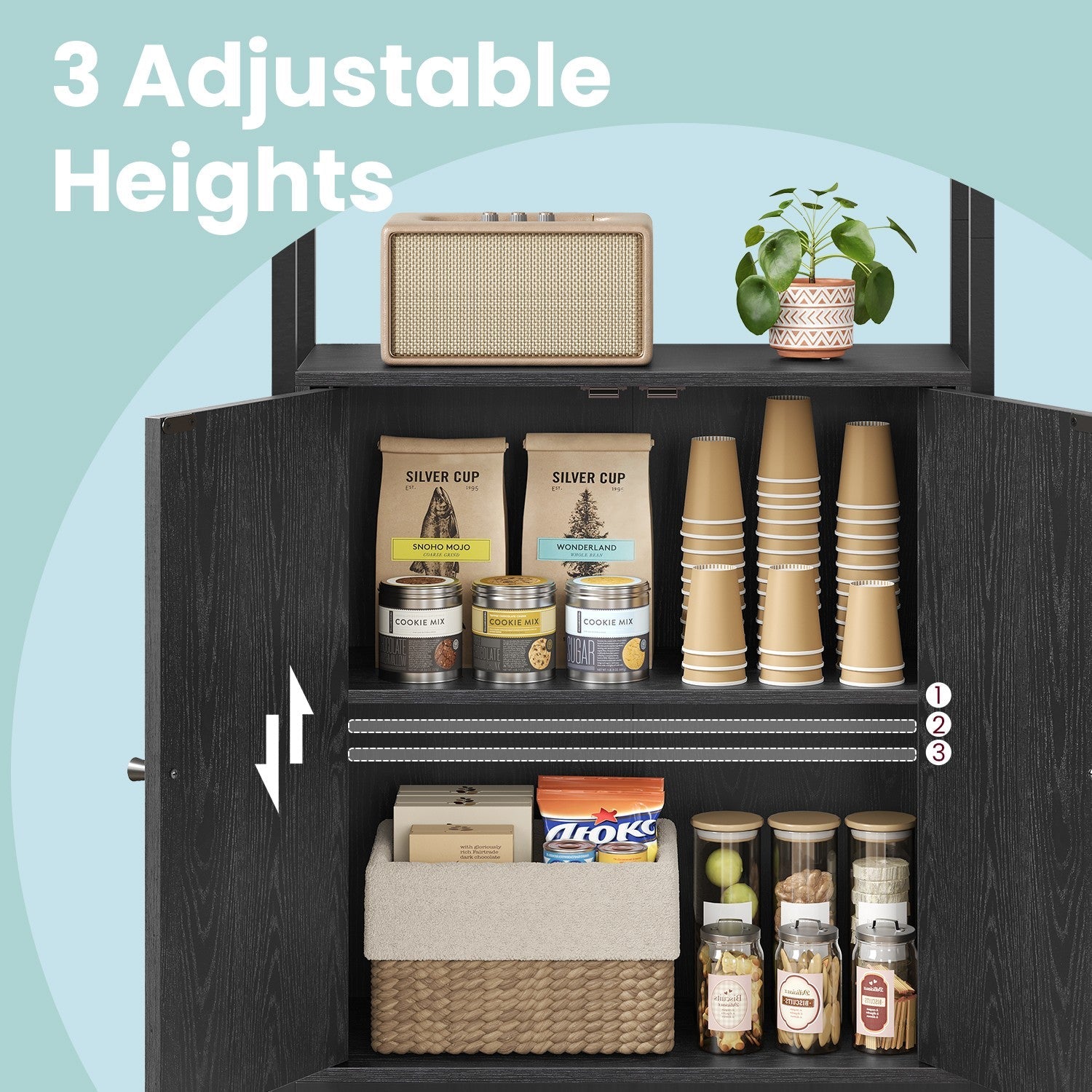 Tall Bookshelf – Metal – Ebony Black and Ink Black – 6-Tier Design with Door and Adjustable Shelves