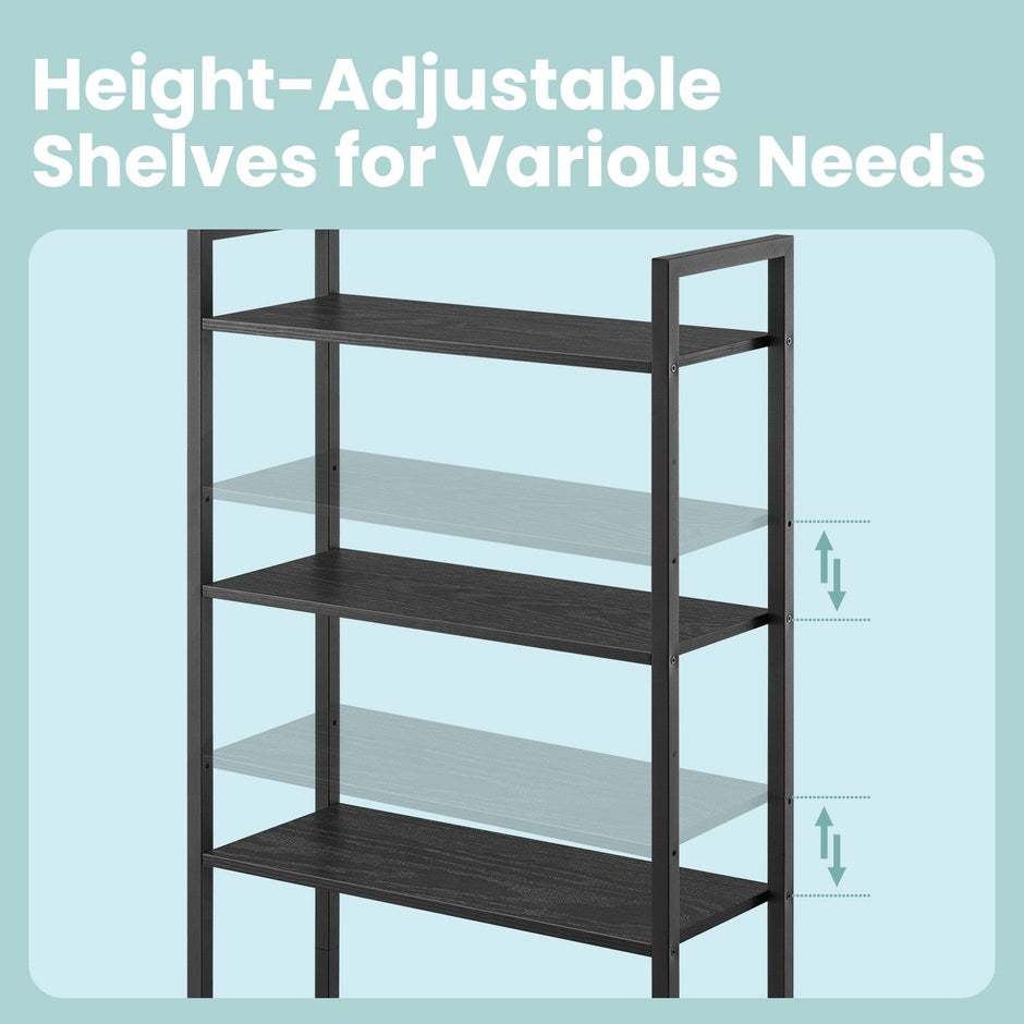 Tall Bookshelf – Metal – Ebony Black and Ink Black – 6-Tier Design with Door and Adjustable Shelves