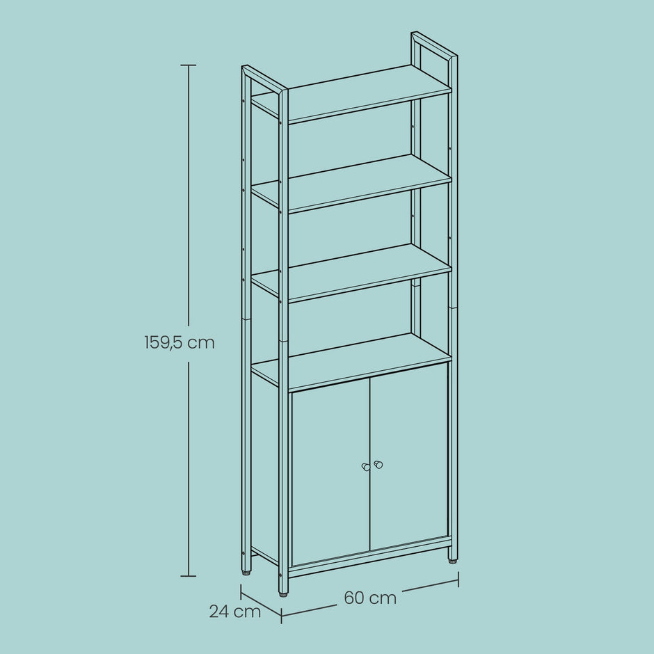 Tall Bookshelf – Metal – Ebony Black and Ink Black – 6-Tier Design with Door and Adjustable Shelves