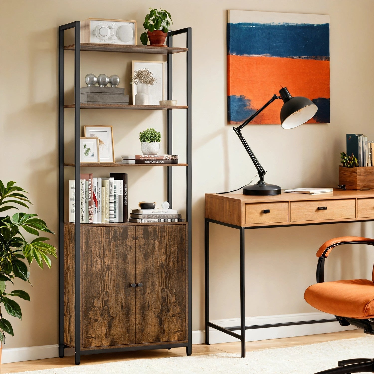 Tall Bookshelf – Metal – Ebony Black and Ink Black – 6-Tier Design with Door and Adjustable Shelves