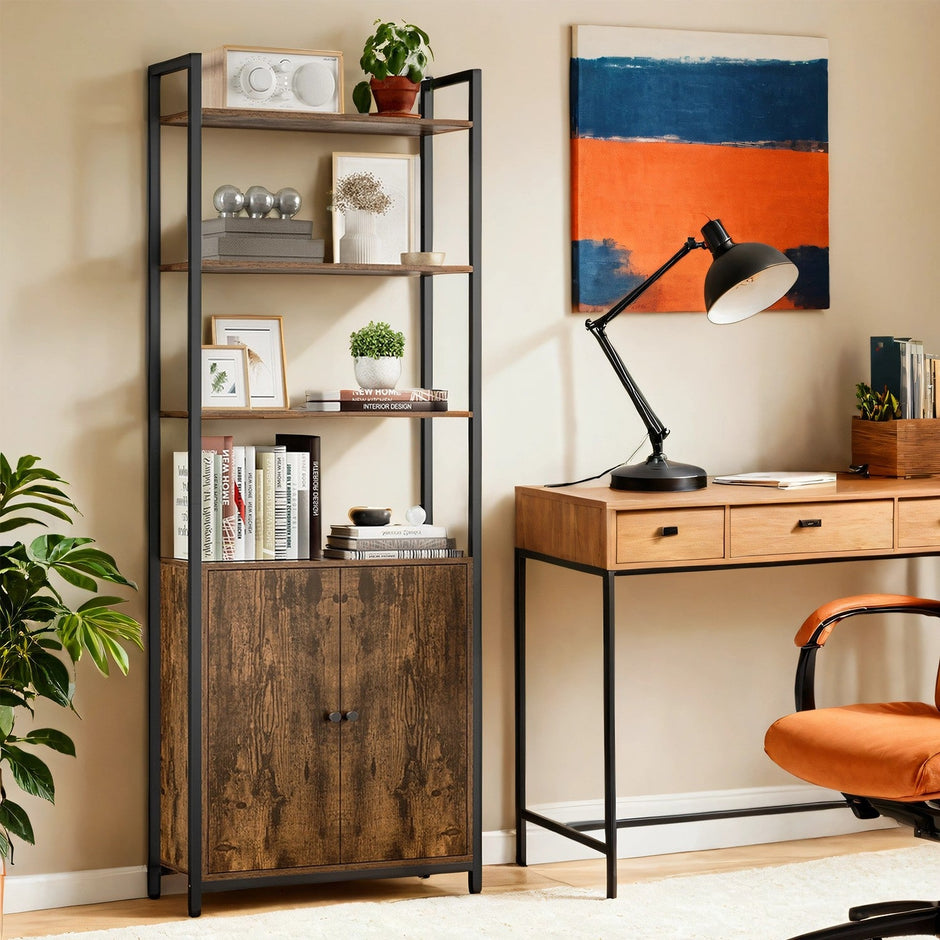 Tall Bookshelf – Metal – Ebony Black and Ink Black – 6-Tier Design with Door and Adjustable Shelves