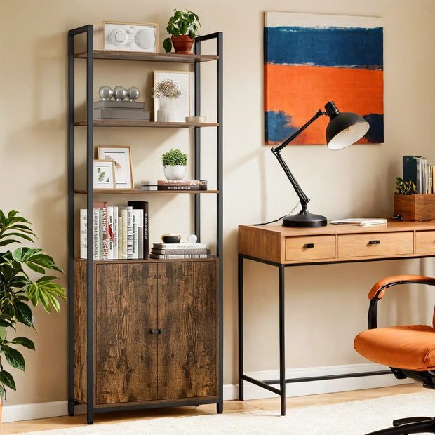 Tall Bookshelf – Metal – Ebony Black and Ink Black – 6-Tier Design with Door and Adjustable Shelves