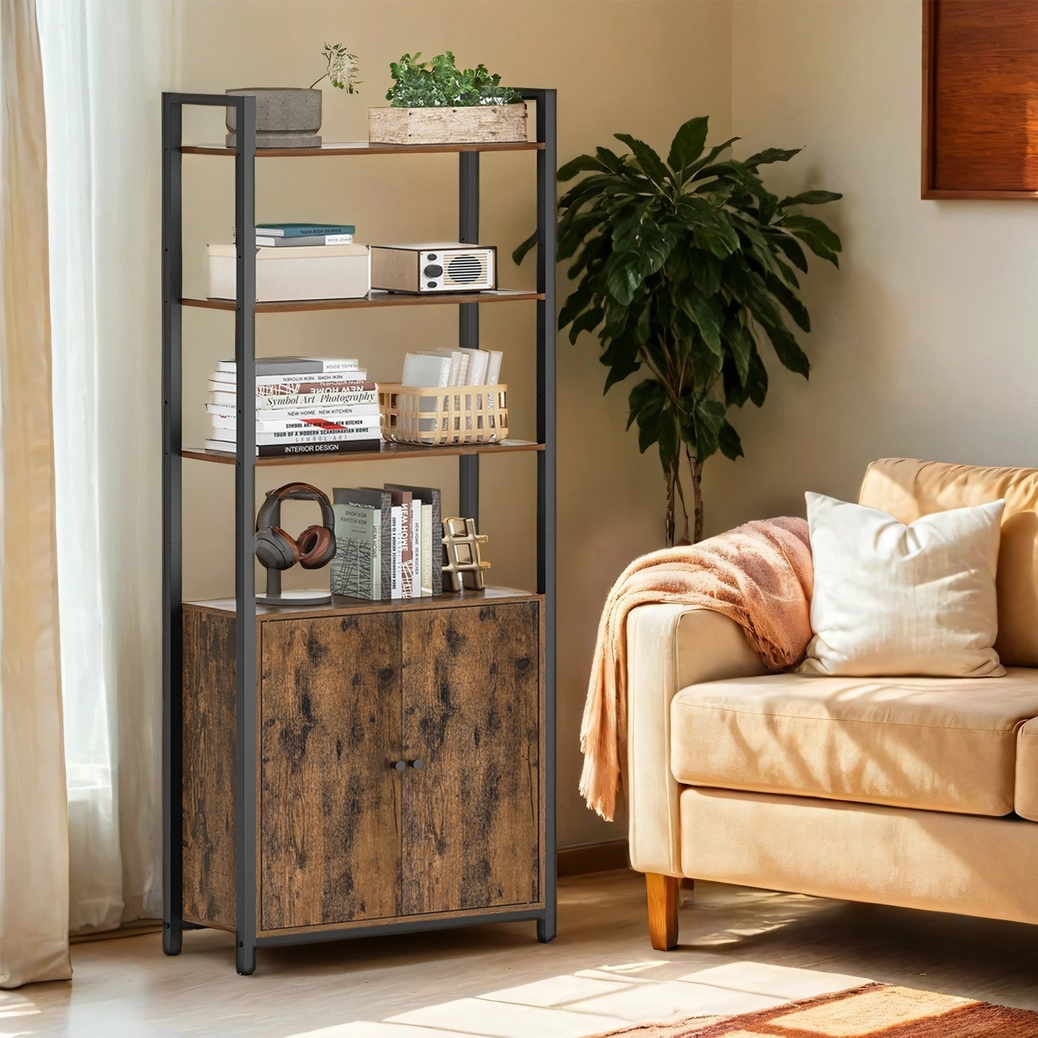 Tall Bookshelf – Metal – Ebony Black and Ink Black – 6-Tier Design with Door and Adjustable Shelves