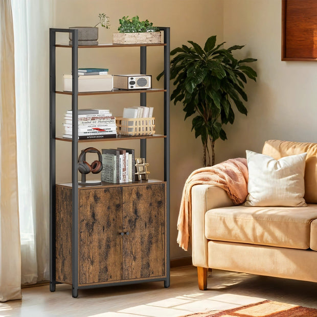 Tall Bookshelf – Metal – Ebony Black and Ink Black – 6-Tier Design with Door and Adjustable Shelves