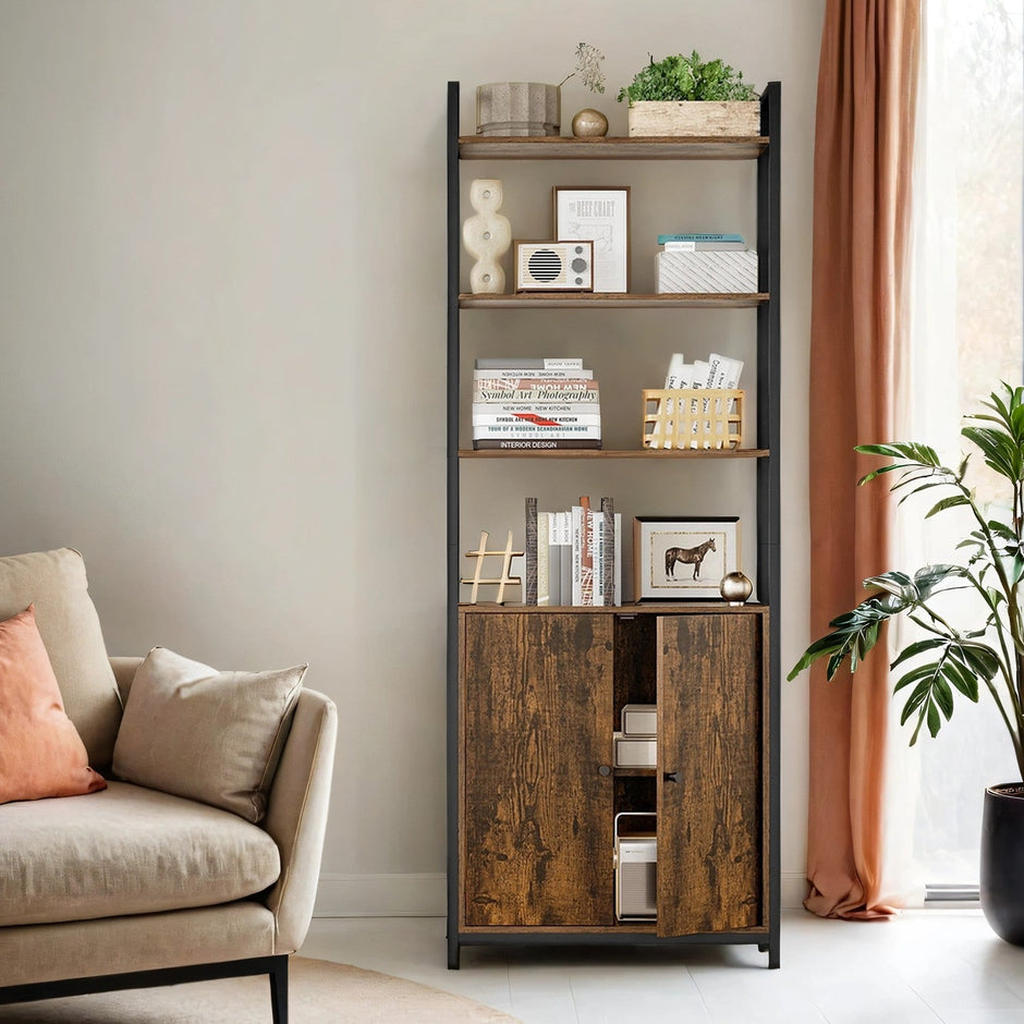 Tall Bookshelf – Metal – Ebony Black and Ink Black – 6-Tier Design with Door and Adjustable Shelves