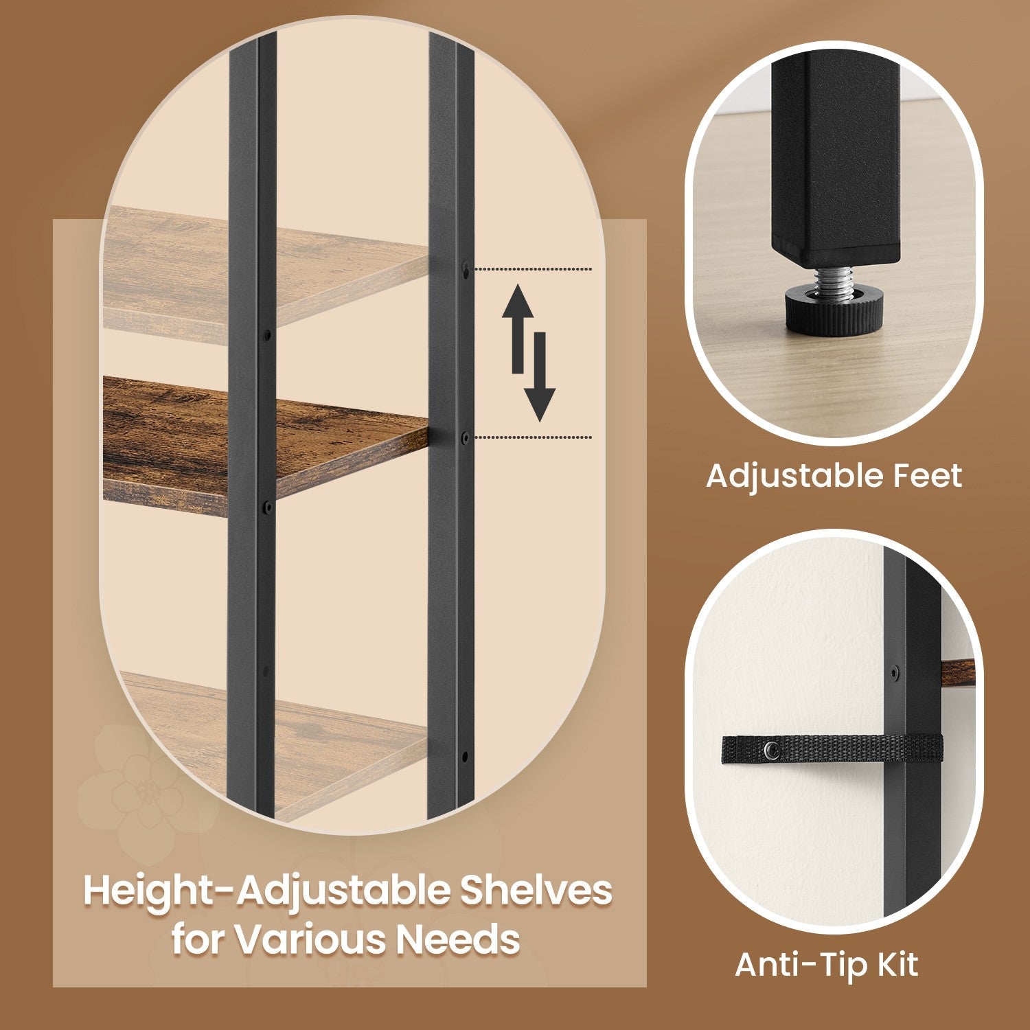 Tall Bookshelf – Metal – Ebony Black and Ink Black – 6-Tier Design with Door and Adjustable Shelves