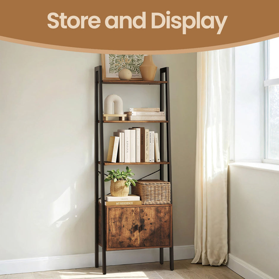 Bookcase with Cabinet – Metal – Rustic Brown – 4-Tier Industrial Design