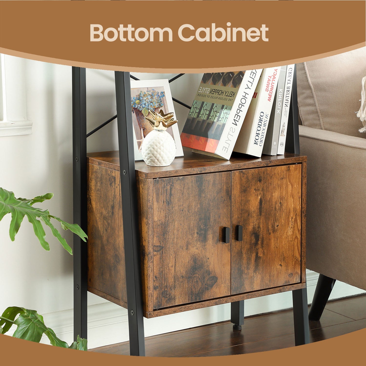 Bookcase with Cabinet – Metal – Rustic Brown – 4-Tier Industrial Design