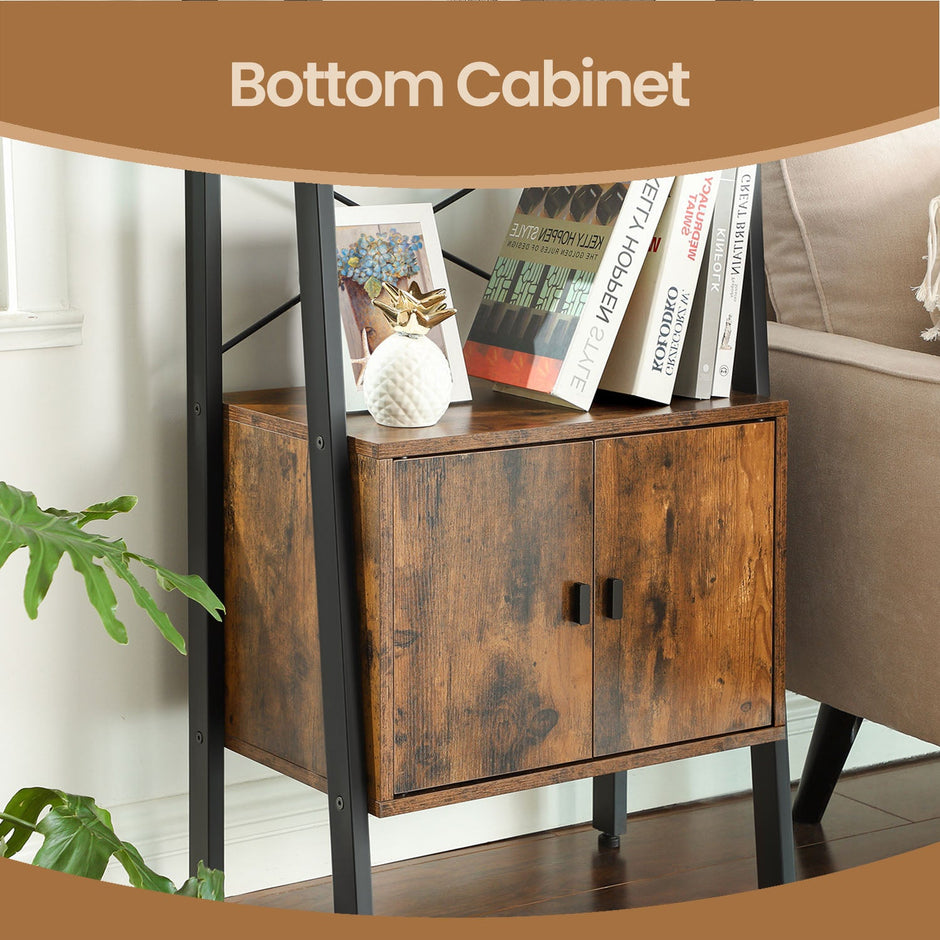 Bookcase with Cabinet – Metal – Rustic Brown – 4-Tier Industrial Design