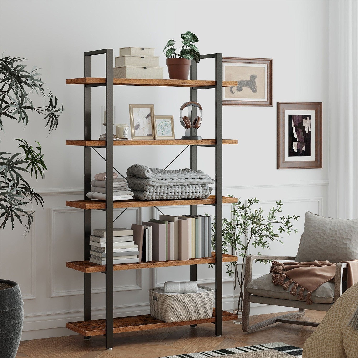 5-Tier Storage Shelf – Wood and Metal – Rustic Brown and Black – Industrial Style