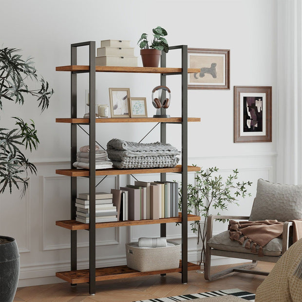5-Tier Storage Shelf – Wood and Metal – Rustic Brown and Black – Industrial Style