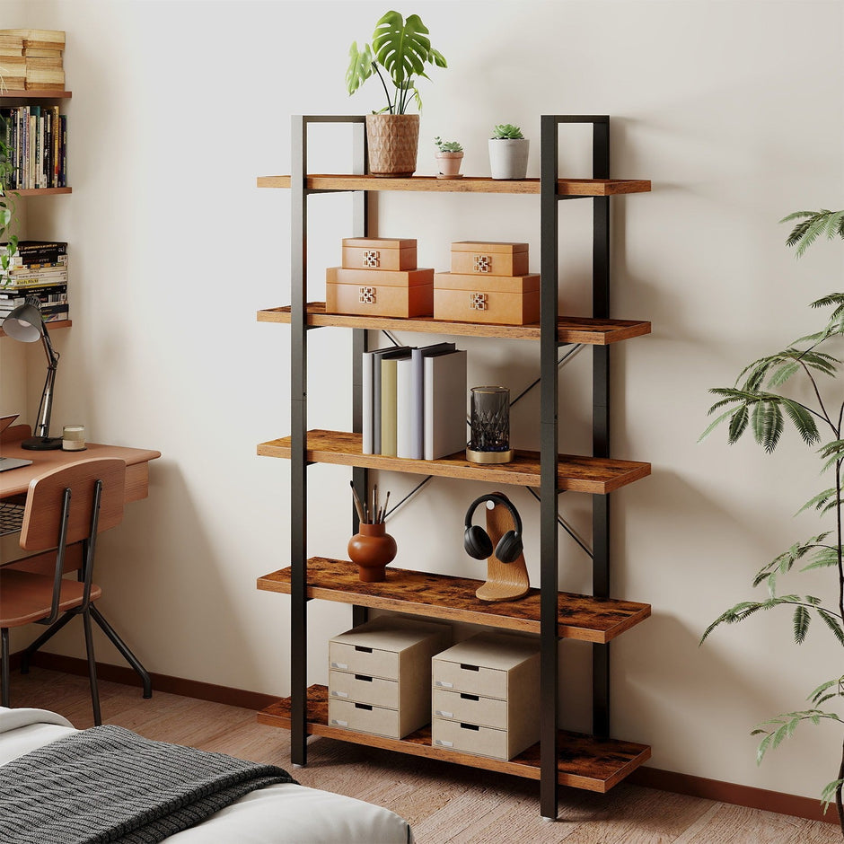 5-Tier Storage Shelf – Wood and Metal – Rustic Brown and Black – Industrial Style