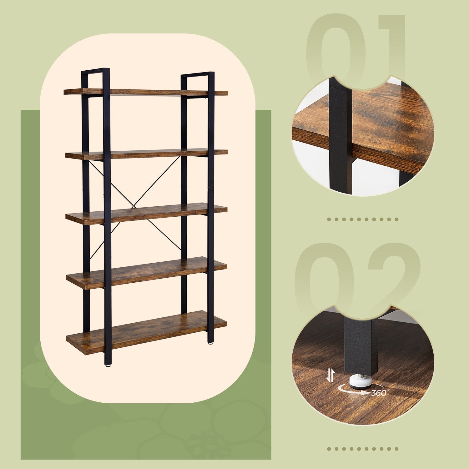 5-Tier Storage Shelf – Wood and Metal – Rustic Brown and Black – Industrial Style