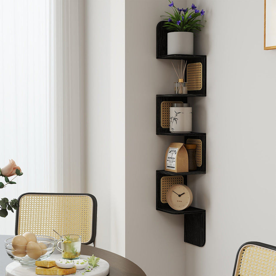 5-Tier Floating Shelf – PVC Rattan – Zigzag Design – Space-Saving Wall Unit