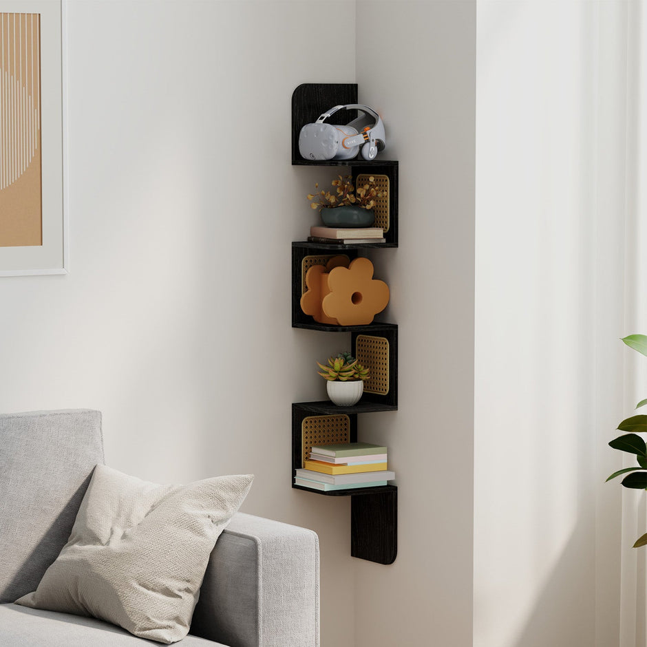 5-Tier Floating Shelf – PVC Rattan – Zigzag Design – Space-Saving Wall Unit