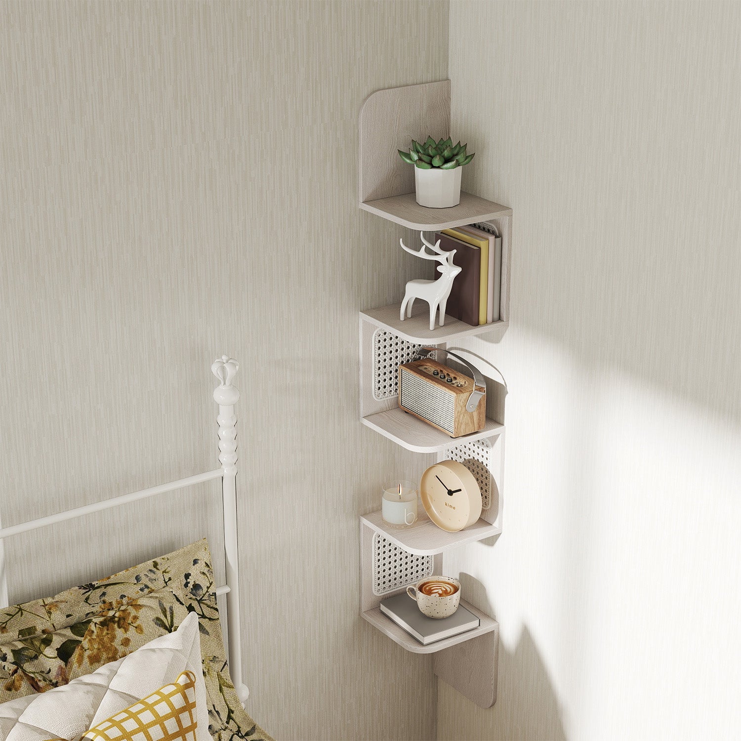 5-Tier Floating Shelf – PVC Rattan – Zigzag Design – Space-Saving Wall Unit