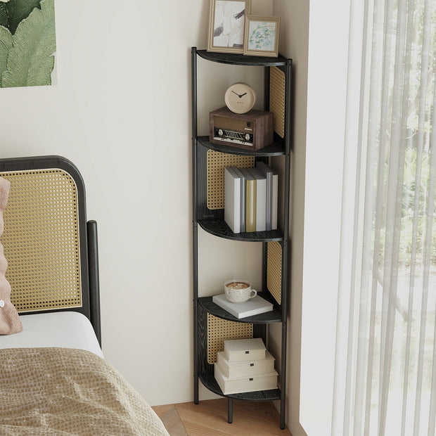 5-Tier Corner Bookshelf – Metal – Rattan Effect – Versatile for Living Room, Bedroom, Study, Kitchen