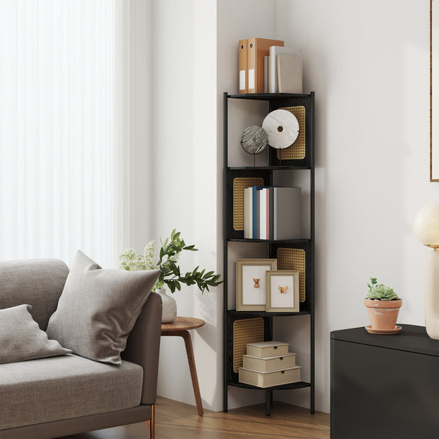 5-Tier Corner Bookshelf – Metal – Rattan Effect – Versatile for Living Room, Bedroom, Study, Kitchen