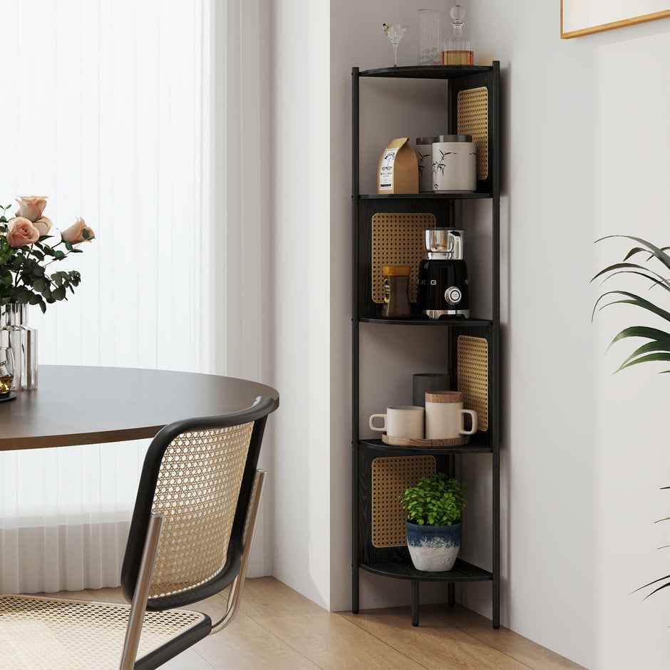 5-Tier Corner Bookshelf – Metal – Rattan Effect – Versatile for Living Room, Bedroom, Study, Kitchen