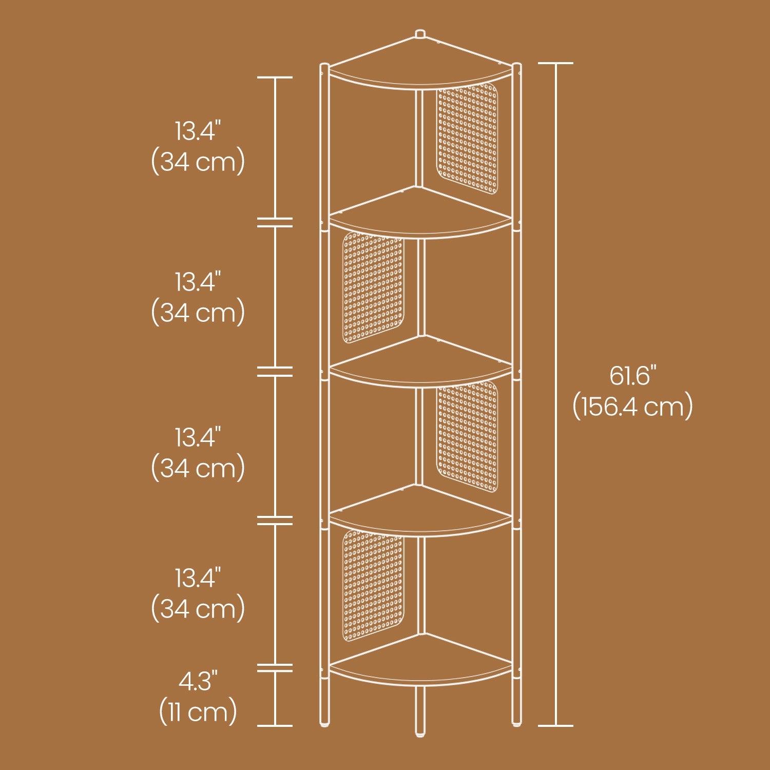 5-Tier Corner Bookshelf – Metal – Rattan Effect – Versatile for Living Room, Bedroom, Study, Kitchen