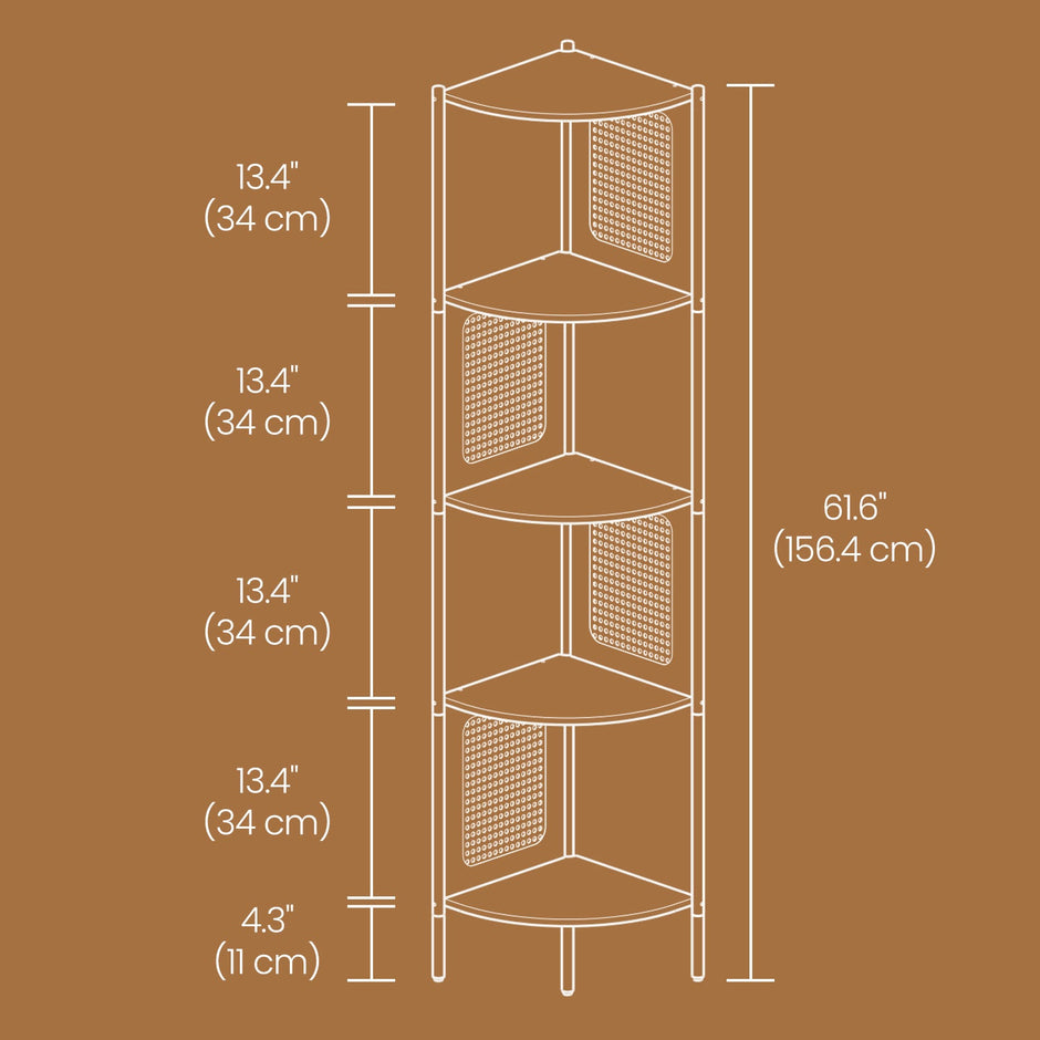 5-Tier Corner Bookshelf – Metal – Rattan Effect – Versatile for Living Room, Bedroom, Study, Kitchen